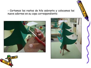 - Cortamos los restos de hilo sobrante y colocamos los nueve adornos en su copa correspondiente: 