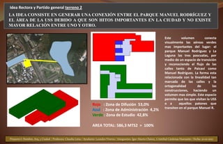 Idea Rectora y Partido general terreno 2
LA IDEA CONSISTE EN GENERAR UNA CONEXIÓN ENTRE EL PARQUE MANUEL RODRÍGUEZ Y
EL ÁREA DE LA USS DEBIDO A QUE SON HITOS IMPORTANTES EN LA CIUDAD Y NO EXISTE
MAYOR RELACIÓN ENTRE UNO Y OTRO.

                                                                                                                                 Este       volumen        conecta
                                                                                                                                 visualmente las aéreas verdes
                                                                                                                                 mas importantes del lugar: el
                                                                                                                                 parque Manuel Rodríguez y La
                                                                                                                                 Laguna las tres pascualas, por
                                                                                                                                 medio de un espacio de transición
                                                                                                                                 y reconociendo el flujo de las
                                                                                                                                 calles tanto de Paicaví como
                                                                                                                                 Manuel Rodríguez. La forma esta
                                                                                                                                 relacionada con la linealidad tan
                                                                                                                                 marcada de las calles y la
                                                                                                                                 ortogonalidad         de        las
                                                                                                                                 construcciones, haciendo un
                                                                                                                                 volumen mas simple. Este espacio
                                                                                                                                 permite que los que visitan la USS
                                                                     Rojo : Zona de Difusión 53,0%                               o a       aquellos patones que
                                                                                                                                 transiten en el parque Manuel R.
                                                                     Azul : Zona de Administración 4,2%
                                                                     Verde : Zona de Estudio 42,8%

                                                                     AREA TOTAL: 586,3 MTS2 = 100%


Proyecto I: Hombre, Arq. y Ciudad / Profesora: Claudia Lima / Ayudante: Leandro Viveros / Integrantes: Igor Aburto Chávez, Cristóbal Cárdenas Huenante / Fecha: 10-01-2012
 