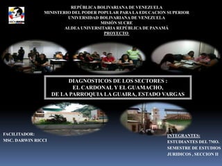 REPÚBLICA BOLIVARIANA DE VENEZUELA
               MINISTERIO DEL PODER POPULAR PARA LA EDUCACION SUPERIOR
                        UNIVERSIDAD BOLIVARIANA DE VENEZUELA
                                     MISIÓN SUCRE
                       ALDEA UNIVERSITARIA REPÚBLICA DE PANAMÁ
                                      PROYECTO




                         DIAGNOSTICOS DE LOS SECTORES :
                           EL CARDONAL Y EL GUAMACHO,
                    DE LA PARROQUIA LA GUAIRA, ESTADO VARGAS




FACILITADOR:                                                 INTEGRANTES:
MSC. DARWIN RICCI                                            ESTUDIANTES DEL 7MO.
                                                             SEMESTRE DE ESTUDIOS
                                                             JURIDICOS , SECCION II
 