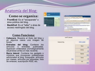 Anatomía del Blog:
Como se organiza:
FrontEnd: Es el "escaparate" o
área pública del blog.
BackEnd: Es el "taller" o área de
acceso restringido del blog.
Como Funciona:
Cabecera: Muestra el título del blog y
en algunos casos una imagen de
fondo.
Entradas del blog: Contiene los
artículos o entradas publicadas.
Aparecen ordenados cronológicamente
situándose arriba el más reciente.
Barra lateral: Contiene los gadgets o
módulos que incorporan prestaciones
adicionales al blog: búsqueda, artículos
por meses, artículos por etiquetas, lista
de enlaces, suscripción RSS, etc.
 