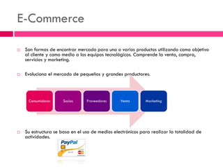 E-Commerce 
Son formas de encontrar mercado para uno o varios productos utilizando como objetivo al cliente y como medio a los equipos tecnológicos. Comprende la venta, compra, servicios y marketing. 
Evoluciona el mercado de pequeños y grandes productores. 
Su estructura se basa en el uso de medios electrónicos para realizar la totalidad de actividades. 
Consumidores 
Socios 
Proveedores 
Venta 
Marketing  
