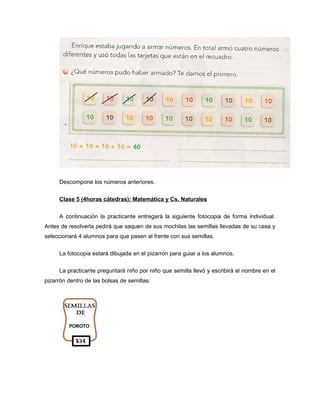 Descompone los números anteriores.
Clase 5 (4horas cátedras): Matemática y Cs. Naturales
A continuación la practicante entregará la siguiente fotocopia de forma individual.
Antes de resolverla pedirá que saquen de sus mochilas las semillas llevadas de su casa y
seleccionará 4 alumnos para que pasen al frente con sus semillas.
La fotocopia estará dibujada en el pizarrón para guiar a los alumnos.
La practicante preguntará niño por niño que semilla llevó y escribirá el nombre en el
pizarrón dentro de las bolsas de semillas:

 