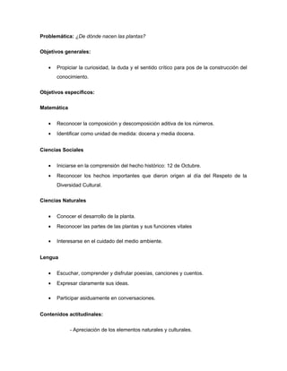 Problemática: ¿De dónde nacen las plantas?
Objetivos generales:
•

Propiciar la curiosidad, la duda y el sentido crítico para pos de la construcción del
conocimiento.

Objetivos específicos:
Matemática
•

Reconocer la composición y descomposición aditiva de los números.

•

Identificar como unidad de medida: docena y media docena.

Ciencias Sociales
•

Iniciarse en la comprensión del hecho histórico: 12 de Octubre.

•

Reconocer los hechos importantes que dieron origen al día del Respeto de la
Diversidad Cultural.

Ciencias Naturales
•

Conocer el desarrollo de la planta.

•

Reconocer las partes de las plantas y sus funciones vitales

•

Interesarse en el cuidado del medio ambiente.

Lengua
•

Escuchar, comprender y disfrutar poesías, canciones y cuentos.

•

Expresar claramente sus ideas.

•

Participar asiduamente en conversaciones.

Contenidos actitudinales:
- Apreciación de los elementos naturales y culturales.

 