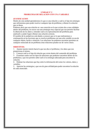 UNIDAD Nº 2
PROBLEMAS DE RELACION CON UNA VARIABLE
JUSTIFICACION
Dentro de esta unidad aprenderemos lo que es una relación y cuál es el tipo de estrategia
que utilizaremos para poder resolver cualquier tipo de problema y obtener la solución
que se desea.
Podemos decir que una relación en una conexión en la que existen dos a mas calidades
dentro del problema, los nexos son una estrategia muy especial que nos permite facilitar
la obtención de los datos y entender cuál es la representación del problema para
analizarlo y poder lograr obtener una solución correcta.
El nombre de la unidad nos está dando a conocer que es lo que realizaremos a
continuación en las lecciones que es resolver problemas con una sola variable ya sea de
cualquier objeto, hecho o situación. Las relaciones las podemos encontrar presentes en
cualquier enunciado de un problema estas relaciones pueden ser de varios clases.
OBJETIVOS:
1. Ajustar nuestro interés hacia lo que nos dice el problema y los datos que nos
proporciona el mismo.
2. Conocer cuál es el tipo de relación que existe dentro del contenido del problema.
3. Examinar cuales son los tipos de relaciones que podemos encontrar dentro de los
problemas y que nos permite saber cuál es la estrategia adecuada para encontrar la
solución.
4. Ordenar las relaciones que hay entre la información del como los valores, datos y
variables.
5. Apreciar las estrategias y que son de gran utilidad para poder encontrar la solución
de cada enunciado.

 