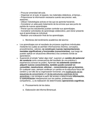 - Procurar amenidad del aula.
- Organizar en el aula: el espacio, los materiales didácticos, el tiempo...
- Proporcionar la información necesaria cuando sea preciso: web,
asesores...
- Utilizar metodologías activas en las que se aprenda haciendo.
- Considerar un adecuado tratamiento de los errores que sea punto de
partida de nuevos aprendizajes.
- Prever que los estudiantes puedan controlar sus aprendizajes.
- Considerar actividades de aprendizaje colaborativo, pero tener presente
que el aprendizaje es individual.
- Realizar una evaluación final de los aprendizajes.

   c. Monitoreo del rendimiento académico del alumno

Los aprendizajes son el resultado de procesos cognitivos individuales
mediante los cuales se asimilan informaciones (hechos, conceptos,
procedimientos, valores), se construyen nuevas representaciones
mentales significativas y funcionales (conocimientos), que luego se
pueden aplicar en situaciones diferentes a los contextos donde se
aprendieron.
Superando el simple "saber algo más", suponen un cambio del potencial
de conducta como consecuencia del resultado de una práctica o
experiencia (conocer es poder). Aprender no solamente consiste en
adquirir nuevos conocimientos, también puede consistir en
consolidar, reestructurar, eliminar... conocimientos que ya tenemos.
En cualquier caso, siempre conllevan un cambio en la estructura física del
cerebro y con ello de su organización funcional, una modificación de los
esquemas de conocimiento y/o de las estructuras cognitivas de los
aprendices, y se consigue a partir del acceso a determinada información,
la comunicación interpersonal (con los padres, profesorado,
compañeros...) y la realización de determinadas operaciones cognitivas.

   d. Procesamiento de los datos.

   e. Elaboración del informe Bimensual.
 