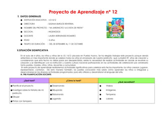Proyecto de Aprendizaje n* 12
I. DATOS GENERALES
● INSTITUCIÓN EDUCATIVA : I.E.I1612
● DIRECTORA : SUSANA BURGOS RENTERIA.
● NOMBRE DEL PROYECTO : “MI JARDINCITO 1612 ESTA DE FIESTA”
● SECCION. : INGENIOSOS
● DOCENTE : LAURA HERNÁNDEZ ROMERO
● EDAD : 4 años
● TIEMPO DE DURACIÓN : DEL 30 SETIEMBRE AL 11 DE OCTUBRE
II.SITUACIÓN SIGNIFICATIVA
En el aula de 4 años, los niños y niñas de la I.E.I 1612 ubicada en Pueblo Nuevo, Se ha elegido trabajar este proyecto porque siendo
setiembre un mes importante donde se celebra todos los años el aniversario de nuestro jardincito que cumplirá 59 años de creación y
considerando que esta fecha no debe pasar por desapercibido, existe la necesidad de realizar actividades en donde se revalore su
creación y se identifiquen con la institución y nuestra cultura nacional participando en las actividades de celebración por aniversario
tanto padres, madres, niños, niñas, docentes y comunidad.
En este proyecto de aprendizaje realizaremos actividades significativas para celebrar esta fecha importante, los niños crearan, jugaran,
representaran, cantaran. De esta manera también, los padres conocerán más sobre cómo aprenden los niños a integrarse y
desenvolverse en las diversas actividades programadas; para ello utilizara y desarrollaran el lenguaje del arte.
III. PRE-PLANIFICACIÓN DOCENTE
¿Qué haré? ¿Cómo lo haré?
¿Qué necesitaré?
●Planificar el proyecto
●Investigar sobre la historia de mi
jardincito
●Dibujar
●Pintar con tempera
●Observando
●Dibujando
●Elaborando
●Jugando
● Videos
● Imágenes
● Temperas
● colores
 