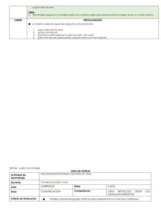 la gran obra de arte.
OBRA:
 Para finalizar pegamos su trabajitos sobre una cartulina negra que proporcionará la imagen de ser un cuadro artistico.
CIERRE METACOGNICIÓN
● La maestra realiza las siguientes preguntas a los estudiantes:
1. ¿Qué taller hicimos hoy?
2. ¿Cómo lo hicimos?
3. ¿Fue fácil o difícil elaborar tu obra de arte?, ¿Por qué?
4. ¿Qué otro tipo de papel puedes usarpara hacer una manualidad?
FECHA : LUNES 7 DE OCTUBRE
LISTA DE COTEJO
Actividad de
Aprendizaje
NOS DIVERTIMOS PINTANDO CON PAPEL DE SEDA
Docente Pamela González Varas
Aula CARIÑOSOS Edad 4 años
Área COMUNICACION Competencia CREA PROYECTOS DESDE LOS
LENGUAJES ARTISTICOS
Criterio de Evaluación ● Emplea diversos lenguajes artísticos para representar sus vivencias cotidianas
 