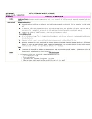 TALLER DANZA TÍTULO: “BAILAMOS AL RITMO DE LA MUSICA”
FECHA: VIERNES 11 DE OCTUBRE
MOMENTOS DESARROLLO DE LA ESTRATEGIA
INICIO ANTES DEL TALLER: Se dispone de un espacio del aula u otro ambiente de la I.E. en donde se pueda realizar el taller de
danza.
DESARROLLO CONTEXTUALIZACIÓN
● Seguidamente, la docente les pregunta: ¿En qué momentos estás cansado/a?, ¿Cómo te sientes cuando estás
así?
● La docente indica que quizás hoy van a estar así porque harán una actividad más para mamá y que la
practicarán hoy y la siguiente semana. Se les pide que traten de descifrar qué actividad creen que es.
● Luego, se les pregunta: ¿Qué te parece si practicamos un baile para mamá?
PROCESO CREATIVO:
● Se les invita a los niños y niñas a ir al espacio destinado para el taller de hoy. Se los invita a realizar algunos ejercicios
de calentamiento.
● Seguidamente, la maestra propone a los estudiantes a escuchar la música y disfrutar de ella.
● Ahora, la docente ubica a los estudiantes de manera ordenada para ella colocarse delante del grupo y motivarlos
a imitar los pasos de baile. También darles la libertad de expresarse con su cuerpo, ya que la idea es que vayan
interiorizando la canción y así ir aprendiendo cómo se van a desplazar.
OBRA
● Finalmente, la docente los agrupa por equipos para que sigan practicando el baile e ir observando cómo se
desenvuelven, apoyándolos en cierto momento.
CIERRE METACOGNICIÓN
 La maestra incentiva a los estudiantes a responder estas preguntas:
1. ¿Qué taller hicimos hoy?
2. ¿Cómo lo hicimos?
3. ¿Fue fácil o difícil realizar la coreografía?, ¿Por qué?
4. ¿Qué es lo que más te gustó hacer en la actividad de hoy?, ¿Por qué?
 