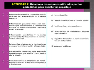 ACTIVIDAD 2 : Relaciona los recursos utilizados por los periodistas para escribir un reportaje (  ) (  ) (  ) (  ) (  ) (  ) 