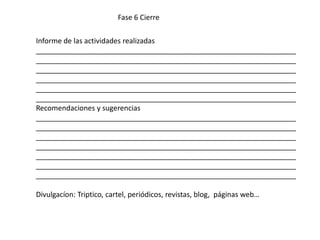 Fase 6 Cierre
Informe de las actividades realizadas
_________________________________________________________________
_________________________________________________________________
_________________________________________________________________
_________________________________________________________________
_________________________________________________________________
_________________________________________________________________
Recomendaciones y sugerencias
_________________________________________________________________
_________________________________________________________________
_________________________________________________________________
_________________________________________________________________
_________________________________________________________________
_________________________________________________________________
_________________________________________________________________
Divulgacíon: Triptico, cartel, periódicos, revistas, blog, páginas web…
 