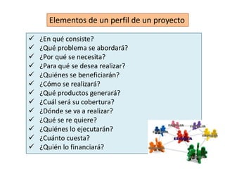 Elementos de un perfil de un proyecto
 ¿En qué consiste?
 ¿Qué problema se abordará?
 ¿Por qué se necesita?
 ¿Para qué se desea realizar?
 ¿Quiénes se beneficiarán?
 ¿Cómo se realizará?
 ¿Qué productos generará?
 ¿Cuál será su cobertura?
 ¿Dónde se va a realizar?
 ¿Qué se re quiere?
 ¿Quiénes lo ejecutarán?
 ¿Cuánto cuesta?
 ¿Quién lo financiará?
 