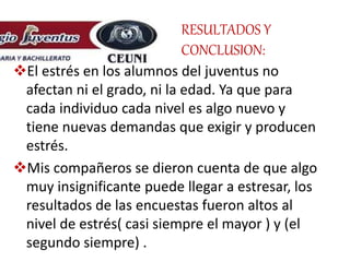 El estrés en los alumnos del juventus no
afectan ni el grado, ni la edad. Ya que para
cada individuo cada nivel es algo nuevo y
tiene nuevas demandas que exigir y producen
estrés.
Mis compañeros se dieron cuenta de que algo
muy insignificante puede llegar a estresar, los
resultados de las encuestas fueron altos al
nivel de estrés( casi siempre el mayor ) y (el
segundo siempre) .
RESULTADOS Y
CONCLUSION:
 