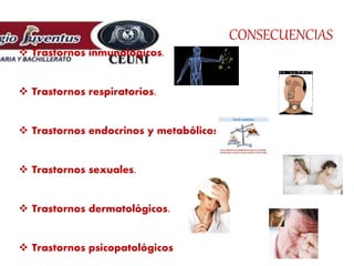 CONSECUENCIAS
 Trastornos inmunológicos.
 Trastornos respiratorios.
 Trastornos endocrinos y metabólicos.
 Trastornos sexuales.
 Trastornos dermatológicos.
 Trastornos psicopatológicos
 
