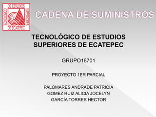 TECNOLÓGICO DE ESTUDIOS
SUPERIORES DE ECATEPEC
GRUPO16701
PROYECTO 1ER PARCIAL
PALOMARES ANDRADE PATRICIA
GOMEZ RUIZ ALICIA JOCELYN
GARCÍA TORRES HECTOR
 