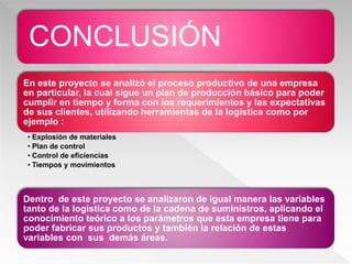CONCLUSIÓN
En este proyecto se analizó el proceso productivo de una empresa
en particular, la cual sigue un plan de producción básico para poder
cumplir en tiempo y forma con los requerimientos y las expectativas
de sus clientes, utilizando herramientas de la logística como por
ejemplo :
• Explosión de materiales
• Plan de control
• Control de eficiencias
• Tiempos y movimientos
Dentro de este proyecto se analizaron de igual manera las variables
tanto de la logística como de la cadena de suministros, aplicando el
conocimiento teórico a los parámetros que esta empresa tiene para
poder fabricar sus productos y también la relación de estas
variables con sus demás áreas.
 