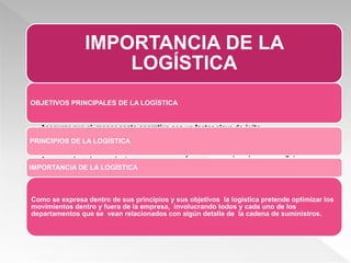 IMPORTANCIA DE LA
LOGÍSTICA
OBJETIVOS PRINCIPALES DE LA LOGÍSTICA
• Asegurar que el menor costo operativo sea un factor clave de éxito
• Suministrar adecuadamente y oportunamente los productos que requiere al cliente final
• Convertir a la logística en una ventaja comparativa ante la competencia
• Hacer eficiente la cadena de abastecimiento y distribución (tiempo de entrega)
PRINCIPIOS DE LA LOGÍSTICA
• Agrega valor a los productos
• Los costos logísticos son oportunidad en las utilidades
• Logística es el flujo ordenado de material e información
IMPORTANCIA DE LA LOGÍSTICA
Como se expresa dentro de sus principios y sus objetivos la logística pretende optimizar los
movimientos dentro y fuera de la empresa, involucrando todos y cada uno de los
departamentos que se vean relacionados con algún detalle de la cadena de suministros.
 