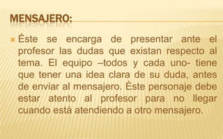 Mensajero:Éste se encarga de presentar ante el profesor las dudas que existan respecto al tema. El equipo –todos y cada uno- tiene que tener una idea clara de su duda, antes de enviar al mensajero. Éste personaje debe estar atento al profesor para no llegar cuando está atendiendo a otro mensajero.