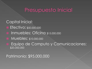 Presupuesto InicialCapital Inicial: Efectivo: $50.000.000 Inmuebles: Oficina $15.000.000 Muebles: $10.000.000 Equipo de Computo y Comunicaciones: $20.000.000 Patrimonio: $95.000.000