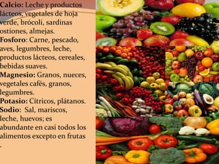 Calcio: Leche y productos
lácteos, vegetales de hoja
verde, brócoli, sardinas
ostiones, almejas.
Fosforo: Carne, pescado,
aves, legumbres, leche,
productos lácteos, cereales,
bebidas suaves.
Magnesio: Granos, nueces,
vegetales cafés, granos,
legumbres.
Potasio: Cítricos, plátanos.
Sodio: Sal, mariscos,
leche, huevos; es
abundante en casi todos los
alimentos excepto en frutas
.
 