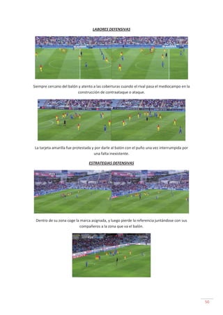 50
LABORES DEFENSIVAS
Siempre cercano del balón y atento a las coberturas cuando el rival pasa el mediocampo en la
construcción de contraataque o ataque.
La tarjeta amarilla fue protestada y por darle al balón con el puño una vez interrumpida por
una falta inexistente.
ESTRATEGIAS DEFENSIVAS
Dentro de su zona coge la marca asignada, y luego pierde la referencia juntándose con sus
compañeros a la zona que va el balón.
 