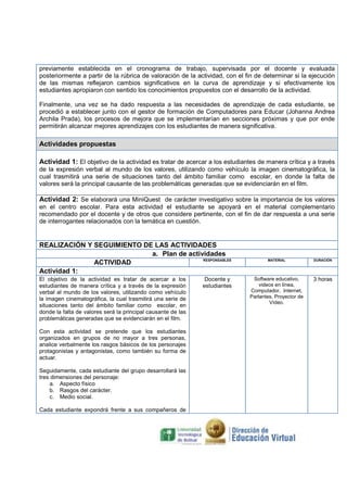 previamente establecida en el cronograma de trabajo, supervisada por el docente y evaluada
posteriormente a partir de la rúbrica de valoración de la actividad, con el fin de determinar si la ejecución
de las mismas reflejaron cambios significativos en la curva de aprendizaje y si efectivamente los
estudiantes apropiaron con sentido los conocimientos propuestos con el desarrollo de la actividad.
Finalmente, una vez se ha dado respuesta a las necesidades de aprendizaje de cada estudiante, se
procedió a establecer junto con el gestor de formación de Computadores para Educar (Johanna Andrea
Archila Prada), los procesos de mejora que se implementarían en secciones próximas y que por ende
permitirán alcanzar mejores aprendizajes con los estudiantes de manera significativa.

Actividades propuestas
Actividad 1: El objetivo de la actividad es tratar de acercar a los estudiantes de manera crítica y a través
de la expresión verbal al mundo de los valores, utilizando como vehículo la imagen cinematográfica, la
cual trasmitirá una serie de situaciones tanto del ámbito familiar como escolar, en donde la falta de
valores será la principal causante de las problemáticas generadas que se evidenciarán en el film.

Actividad 2: Se elaborará una MiniQuest de carácter investigativo sobre la importancia de los valores
en el centro escolar. Para esta actividad el estudiante se apoyará en el material complementario
recomendado por el docente y de otros que considere pertinente, con el fin de dar respuesta a una serie
de interrogantes relacionados con la temática en cuestión.

REALIZACIÓN Y SEGUIMIENTO DE LAS ACTIVIDADES
a. Plan de actividades
RESPONSABLES
ACTIVIDAD
Actividad 1:
El objetivo de la actividad es tratar de acercar a los
estudiantes de manera crítica y a través de la expresión
verbal al mundo de los valores, utilizando como vehículo
la imagen cinematográfica, la cual trasmitirá una serie de
situaciones tanto del ámbito familiar como escolar, en
donde la falta de valores será la principal causante de las
problemáticas generadas que se evidenciarán en el film.
Con esta actividad se pretende que los estudiantes
organizados en grupos de no mayor a tres personas,
analice verbalmente los rasgos básicos de los personajes
protagonistas y antagonistas, como también su forma de
actuar.
Seguidamente, cada estudiante del grupo desarrollará las
tres dimensiones del personaje:
a. Aspecto físico
b. Rasgos del carácter.
c. Medio social.
Cada estudiante expondrá frente a sus compañeros de

Docente y
estudiantes

MATERIAL

DURACIÓN

Software educativo,
videos en línea,
Computador, Internet,
Parlantes, Proyector de
Vídeo.

3 horas

 