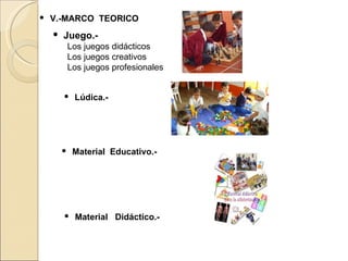 V.-MARCO  TEORICO Juego.- Los juegos didácticos Los juegos creativos Los juegos profesionales Lúdica.- Material  Educativo.-   Material  Didáctico.-  