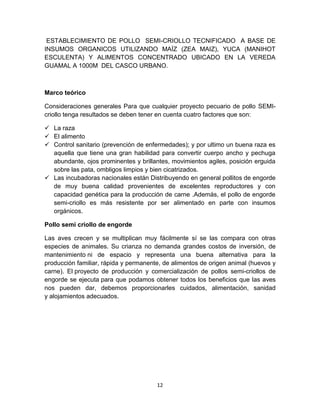 ESTABLECIMIENTO DE POLLO SEMI-CRIOLLO TECNIFICADO A BASE DE
INSUMOS ORGANICOS UTILIZANDO MAÍZ (ZEA MAIZ), YUCA (MANIHOT
ESCULENTA) Y ALIMENTOS CONCENTRADO UBICADO EN LA VEREDA
GUAMAL A 1000M DEL CASCO URBANO.

Marco teórico
Consideraciones generales Para que cualquier proyecto pecuario de pollo SEMIcriollo tenga resultados se deben tener en cuenta cuatro factores que son:
 La raza
 El alimento
 Control sanitario (prevención de enfermedades); y por ultimo un buena raza es
aquella que tiene una gran habilidad para convertir cuerpo ancho y pechuga
abundante, ojos prominentes y brillantes, movimientos agiles, posición erguida
sobre las pata, ombligos limpios y bien cicatrizados.
 Las incubadoras nacionales están Distribuyendo en general pollitos de engorde
de muy buena calidad provenientes de excelentes reproductores y con
capacidad genética para la producción de carne .Además, el pollo de engorde
semi-criollo es más resistente por ser alimentado en parte con insumos
orgánicos.
Pollo semi criollo de engorde
Las aves crecen y se multiplican muy fácilmente sí se las compara con otras
especies de animales. Su crianza no demanda grandes costos de inversión, de
mantenimiento ni de espacio y representa una buena alternativa para la
producción familiar, rápida y permanente, de alimentos de origen animal (huevos y
carne). El proyecto de producción y comercialización de pollos semi-criollos de
engorde se ejecuta para que podamos obtener todos los beneficios que las aves
nos pueden dar, debemos proporcionarles cuidados, alimentación, sanidad
y alojamientos adecuados.

12

 