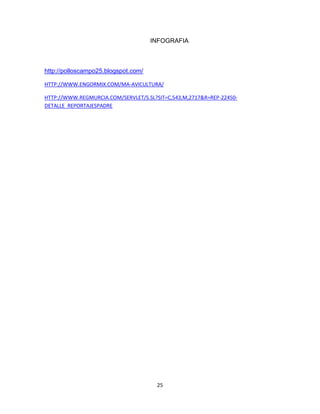 INFOGRAFIA

http://polloscampo25.blogspot.com/
HTTP://WWW.ENGORMIX.COM/MA-AVICULTURA/
HTTP://WWW.REGMURCIA.COM/SERVLET/S.SL?SIT=C,543,M,2717&R=REP-22450DETALLE_REPORTAJESPADRE

25

 