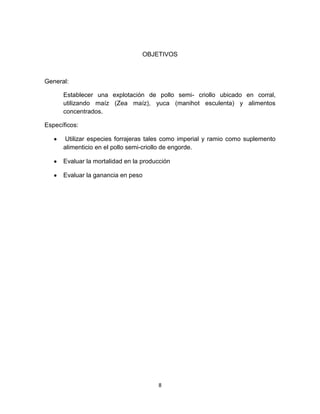 OBJETIVOS

General:
Establecer una explotación de pollo semi- criollo ubicado en corral,
utilizando maíz (Zea maíz), yuca (manihot esculenta) y alimentos
concentrados.
Específicos:
Utilizar especies forrajeras tales como imperial y ramio como suplemento
alimenticio en el pollo semi-criollo de engorde.
Evaluar la mortalidad en la producción
Evaluar la ganancia en peso

8

 
