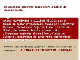 Es necesario comenzar desde ahora a hablar de
Semana Santa .


Ahora( NOVIEMBRE Y DICIEMBRE 2012 ) es el
tiempo de captar interesados a través de : Operativos
Médicos , Cursos como Dejar de Fumar , Ferias de
Salud , Encuestas en barrios no penetrados
, Programas musicales al aire Libre , Cursos de
Culinaria , lanzamiento de curso radio –postal donde
hay radio comunitária .

Si ahora no trabajamos estos aspectos, llegará el mes de marzo y no tendremos personas
Para cosechar !    AHORA ES EL TIEMPO DE SEMBRAR
 