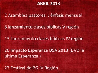 ABRIL 2013

•2190 mil habitantes
   Asamblea pastores : énfasis mensual
• Não existe presença
 6adventista
   lanzamiento clases bíblicas V región

•13 Lanzamiento clases bíblicas IV región
  Adventistas só
  cruzando a fronteira

•20 Impacto Esperanza DSA 2013 (DVD la
  Aprender língua Turca
última Esperanza )

27 Festival de PG IV Región
 