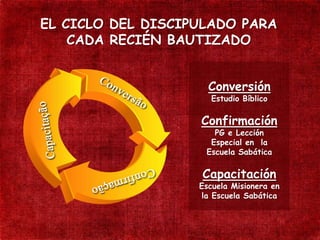 EL CICLO DEL DISCIPULADO PARA
    CADA RECIÉN BAUTIZADO


                     Conversión
                      Estudio Bíblico

                   Confirmación
                      PG e Lección
                     Especial en la
                    Escuela Sabática

                   Capacitación
                   Escuela Misionera en
                   la Escuela Sabática
 