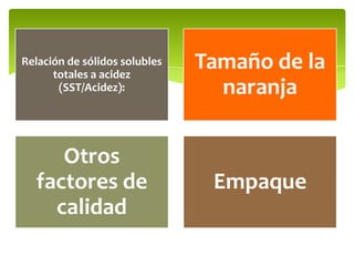 Relación de sólidos solubles
totales a acidez
(SST/Acidez):
Tamaño de la
naranja
Otros
factores de
calidad
Empaque
 