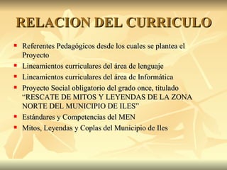 RELACION DEL CURRICULO Referentes Pedagógicos desde los cuales se plantea el Proyecto Lineamientos curriculares del área de lenguaje Lineamientos curriculares del área de Informática Proyecto Social obligatorio del grado once, titulado “RESCATE DE MITOS Y LEYENDAS DE LA ZONA NORTE DEL MUNICIPIO DE ILES” Estándares y Competencias del MEN Mitos, Leyendas y Coplas del Municipio de Iles 