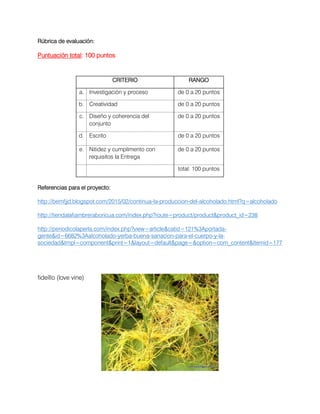Rúbrica de evaluación:
Puntuación total: 100 puntos
CRITERIO RANGO
a. Investigación y proceso de 0 a 20 puntos
b. Creatividad de 0 a 20 puntos
c. Diseño y coherencia del
conjunto
de 0 a 20 puntos
d. Escrito de 0 a 20 puntos
e. Nitidez y cumplimento con
requisitos la Entrega
de 0 a 20 puntos
total: 100 puntos
Referencias para el proyecto:
http://bemfjjd.blogspot.com/2015/02/continua-la-produccion-del-alcoholado.html?q=alcoholado
http://tiendalafiambreraboricua.com/index.php?route=product/product&product_id=238
http://periodicolaperla.com/index.php?view=article&catid=121%3Aportada-
gente&id=6682%3Aalcoholado-yerba-buena-sanacion-para-el-cuerpo-y-la-
sociedad&tmpl=component&print=1&layout=default&page=&option=com_content&Itemid=177
fideíllo (love vine)
 