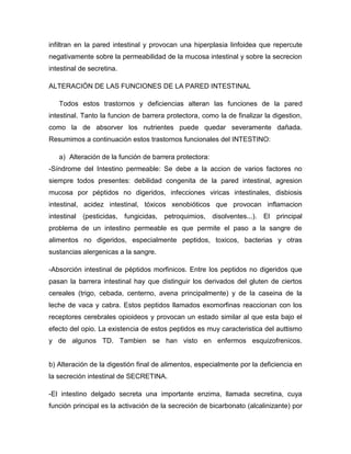 infiltran en la pared intestinal y provocan una hiperplasia linfoidea que repercute
negativamente sobre la permeabilidad de la mucosa intestinal y sobre la secrecion
intestinal de secretina.
ALTERACIÓN DE LAS FUNCIONES DE LA PARED INTESTINAL
Todos estos trastornos y deficiencias alteran las funciones de la pared
intestinal. Tanto la funcion de barrera protectora, como la de finalizar la digestion,
como la de absorver los nutrientes puede quedar severamente dañada.
Resumimos a continuación estos trastornos funcionales del INTESTINO:
a) Alteración de la función de barrera protectora:
-Síndrome del Intestino permeable: Se debe a la accion de varios factores no
siempre todos presentes: debilidad congenita de la pared intestinal, agresion
mucosa por péptidos no digeridos, infecciones viricas intestinales, disbiosis
intestinal, acidez intestinal, tóxicos xenobióticos que provocan inflamacion
intestinal (pesticidas, fungicidas, petroquimios, disolventes...). El principal
problema de un intestino permeable es que permite el paso a la sangre de
alimentos no digeridos, especialmente peptidos, toxicos, bacterias y otras
sustancias alergenicas a la sangre.
-Absorción intestinal de péptidos morfinicos. Entre los peptidos no digeridos que
pasan la barrera intestinal hay que distinguir los derivados del gluten de ciertos
cereales (trigo, cebada, centerno, avena principalmente) y de la caseina de la
leche de vaca y cabra. Estos peptidos llamados exomorfinas reaccionan con los
receptores cerebrales opioideos y provocan un estado similar al que esta bajo el
efecto del opio. La existencia de estos peptidos es muy caracteristica del auttismo
y de algunos TD. Tambien se han visto en enfermos esquizofrenicos.
b) Alteración de la digestión final de alimentos, especialmente por la deficiencia en
la secreción intestinal de SECRETINA.
-El intestino delgado secreta una importante enzima, llamada secretina, cuya
función principal es la activación de la secreción de bicarbonato (alcalinizante) por
 