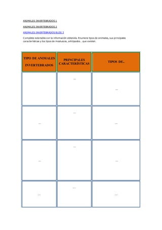 ANIMALES INVERTEBRADOS 1 
ANIMALES INVERTEBRADOS 2 
ANIMALES INVERTEBRADOS BLOG 3 
Completa esta tabla con la información ...