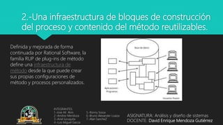 2.-Una infraestructura de bloques de construcción
del proceso y contenido del método reutilizables.
Definida y mejorada de forma
continuada por Rational Software, la
familia RUP de plug-ins de método
define una infraestructura de
método desde la que puede crear
sus propias configuraciones de
método y procesos personalizados.
INTEGRANTES:
1.-Jose Ali Alvis
2.-Andrez Mendoza
3.-Ariel Juruquita
4.-Luis Miguel Garcia
ASIGNATURA: Análisis y diseño de sistemas
DOCENTE: David Enrique Mendoza Gutiérrez
5.-Ronny Sossa
6.-Bruno Alexander Loaiza
7.-Alan SancheZ
 