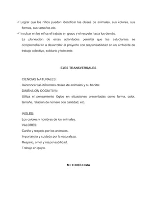  Lograr que los niños puedan identificar las clases de animales, sus colores, sus
formas, sus tamaños etc.
 Inculcar en los niños el trabajo en grupo y el respeto hacia los demás.
La planeación de estas actividades permitió que los estudiantes se
comprometieran a desarrollar el proyecto con responsabilidad en un ambiente de
trabajo colectivo, solidario y tolerante.
EJES TRANSVERSALES
CIENCIAS NATURALES:
Reconocer las diferentes clases de animales y su hábitat.
DIMENSION COGNITIVA:
Utiliza el pensamiento lógico en situaciones presentadas como forma, color,
tamaño, relación de número con cantidad, etc.
INGLES:
Los colores y nombres de los animales.
VALORES:
Cariño y respeto por los animales.
Importancia y cuidado por la naturaleza.
Respeto, amor y responsabilidad.
Trabajo en quipo.
METODOLOGIA
 