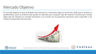 Énfasis Mercado de Valores I Facultad de Ciencias Económicas y Administrativas
Mercado Objetivo
El mercado objetivo al que va dirigida esta solución es a cementos Argos en particular, dado que se analizo su
problemática; pero es evidente que puede ser aplicada para cualquier tipo de empresa nacional que maneje
algún tipo de relación en moneda extranjera y no cuente con las garantías necesarias para responder a los
cambios inesperados del mercado.
 