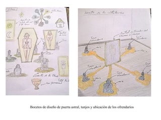 Bocetos de diseño de puerta astral, tunjos y ubicación de los ofrendaríos 
 
