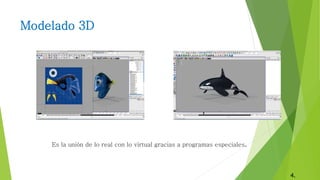Modelado 3D
Es la unión de lo real con lo virtual gracias a programas especiales.
4.
 