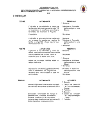 UNIVERSIDAD DE PAMPLONA 
COMPUTADORES PARA EDUCAR 
ESTRATEGIA DE FORMACIÓN Y ACCESO PARA LA APROPIACIÓN PEDAGÓGICA DE LAS TIC PROYECTO PEDAGÓGICO CON TIC 
2013 
8. CRONOGRAMA 
FECHAS ACTIVIDADES RECURSOS 
 Docente. 
Explicación a los estudiantes y padres de  Gestora de Formación 
familia sobre la importancia que tiene las TIC de Computadores para 
en los procesos de enseñanza-aprendizaje y Educar. 
la temática de desarrollar el Proyecto 
Pedagógico.  Portátiles. 
Explicación de la socialización del trabajo que  Docente. 
van a realizar los estudiantes y padres de  Gestora de Formación 
familia en el portátil y luego exponer sus de Computadores para 
vivencias con las TIC. Educar. 
 Portátiles. 
FECHAS ACTIVIDADES RECURSOS 
Explicación a los estudiantes y padres de  Docente. 
familia, sobre los conocimientos básicos sobre 
todo lo referente del portátil: cómo se  Portátiles. 
enciende, cómo se apaga, entre otros. 
 Docente. 
Diseño de los dibujos creativos sobre los  Gestora de Formación 
talleres realizados. de Computadores para 
Educar. 
 Portátiles. 
Repaso a los estudiantes y padres de familia  Gestora de Formación 
sobre la herramienta del programa de de Computadores para 
Microsoft Word, para conocer su nivel de Educar. 
conocimiento.  Portátiles. 
FECHAS ACTIVIDADES RECURSOS 
 Docente. 
Explicación y orientación acerca del concepto,  Gestora de Formación 
uso y entrada al programas de Microsoft Office. de Computadores para 
Educar. 
 Portátiles. 
 Docente. 
Explicación y orientación del manejo de  Gestora de Formación 
presentaciones, funciones de inserción, de Computadores para 
formatos, presentación de diapositivas, Educar. 
herramientas y visualización de la presentación  Portátiles. 
de las diapositivas para su exposición.  