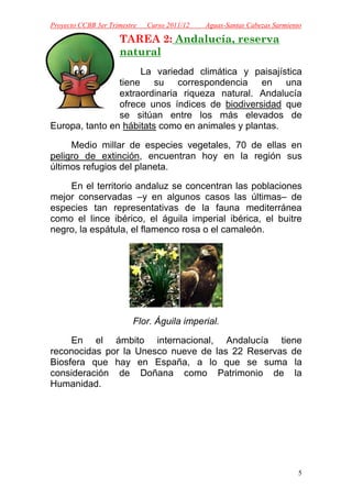 Proyecto CCBB 3er Trimestre   Curso 2011/12   Aguas-Santas Cabezas Sarmiento

                     TAREA 2: Andalucía, reserva
                     natural
                     La variedad climática y paisajística
                tiene su correspondencia en una
                extraordinaria riqueza natural. Andalucía
                ofrece unos índices de biodiversidad que
                se sitúan entre los más elevados de
Europa, tanto en hábitats como en animales y plantas.

     Medio millar de especies vegetales, 70 de ellas en
peligro de extinción, encuentran hoy en la región sus
últimos refugios del planeta.

    En el territorio andaluz se concentran las poblaciones
mejor conservadas –y en algunos casos las últimas– de
especies tan representativas de la fauna mediterránea
como el lince ibérico, el águila imperial ibérica, el buitre
negro, la espátula, el flamenco rosa o el camaleón.




                         Flor. Águila imperial.

     En el ámbito internacional, Andalucía tiene
reconocidas por la Unesco nueve de las 22 Reservas de
Biosfera que hay en España, a lo que se suma la
consideración de Doñana como Patrimonio de la
Humanidad.




                                                                           5
 