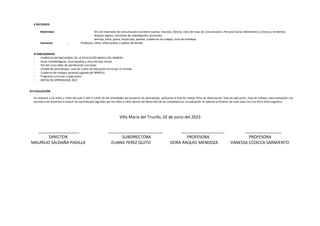 X RECURSOS
Materiales: Kits de materiales de comunicación (contiene cuento, mascara, títeres), Libro de rutas de Comunicación, Personal Social, Matemática y Ciencia y Ambiente,
bloques lógicos, cartulinas de, papelógrafos, plumones,
laminas, fotos, goma, limpia tipo, pelotas, cuadernos de trabajo, cinta de embalaje
Humanos : Profesora, niños, niñas auxiliar y padres de familia.
XI BIBLIOGRAFIA
- CURRICULUM NACUIONAL DE LA EDUCACIÓN BASICA DEL MINEDU
- Guías metodológicas, enciclopedias y otros de tipo virtual.
- Ppt del curso taller de planificación curricular
- Unidad de aprendizajes. aula de 5 años de educación inicial por el minedu.
- Cuaderno de trabajos aprendo jugando del MINEDU
- Programa curricular a largo plazo
- METAS DE APRENDIZAJE 2022
XII EVALUACIÓN
Se evaluará a los niños y niñas del aula 5 año a través de las actividades del proyecto de aprendizaje, aplicando la lista de cotejo, ficha de observación, hoja de aplicación, hoja de trabajo, esta evaluación nos
permite a los docentes a evaluar los aprendizajes logrados por los niños y niñas dentro del desarrollo de las competencias, la evaluación se aplicará al finalizar de cada clase con una ficha meta cognitiva.
Villa María del Triunfo, 02 de junio del 2023
__________________ ________________________ ___________________ ________________
DIRECTOR SUBDIRECTORA PROFESORA PROFESORA
MAURILIO SALDAÑA PADILLA ELIANA PEREZ QUITO DORA RAQUEL MENDOZA VANESSA CCOICCA SARMIENTO
 