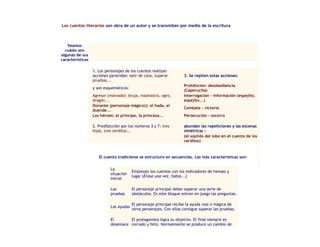 Los cuentos literarios son obra de un autor y se transmiten por medio de la escritura

Veamos
cuáles son
algunas de sus
características
1. Los personajes de los cuentos realizan
acciones parecidas: salir de casa, superar
pruebas...
y son esquemáticos:
Agresor (malvado): bruja, madrastra, ogro,
dragón...
Donante (personaje mágico)): el hada, el
duende...
Los héroes: el príncipe, la princesa...
2. Predilección por los números 3 y 7: tres
hijas, tres cerditos...

3. Se repiten estas acciones:
Prohibición- desobediencia
(Caperucita)
Interrogación - información (espejito,
espejito...)
Combate - victoria
Persecución - socorro
abundan las repeticiones y las escenas
simétricas :
(el soplido del lobo en el cuento de los
cerditos)

El cuento tradicional se estructura en secuencias. Las más características son:
La
situación
inicial

Empiezan los cuentos con los indicadores de tiempo y
lugar (Érase una vez, había...)

Las
pruebas

El personaje principal deber superar una serie de
obstáculos. En este bloque entran en juego las preguntas.

Las ayudas

El personaje principal recibe la ayuda real o mágica de
otros personajes. Con ellas consigue superar las pruebas.

El
El protagonista logra su objetivo. El final siempre es
desenlace cerrado y feliz. Normalmente se produce un cambio de

 
