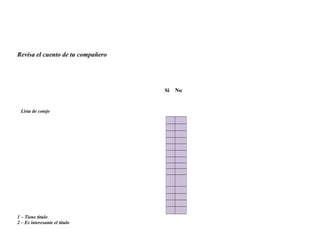 Revisa el cuento de tu compañero

Si

Lista de cotejo

1 – Tiene titulo
2 – Es interesante el titulo

No

 