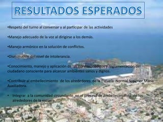 •Respeto del turno al conversar y al participar de las actividades

•Manejo adecuado de la voz al dirigirse a los demás.

•Manejo armónico en la solución de conflictos.

•Disminución del nivel de intolerancia.

•Conocimiento, manejo y aplicación de las normas, códigos y reglamentación del
ciudadano consciente para alcanzar ambientes sanos y dignos.

•Contribuir al embellecimiento de los alrededores de la Escuela Normal Superior María
Auxiliadora.

• Integrar a la comunidad circundante en el proceso de embellecimiento de los
  alrededores de la escuela.
 