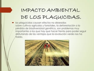 IMPACTO AMBIENTAL
DE LOS PLAGUICIDAS.
 los plaguicidas causan efectos no deseados
sobre cultivos agrícolas y forestales, la deforestación o la
pérdida de biodiversidad genética, son problemas muy
importantes a los que hay que hacer frente para poder seguir
disfrutando de las ventajas que la revolución verde nos ha
traído.
 