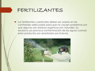 FERTILIZANTES
 Los fertilizantes y pesticidas deben ser usados en las
cantidades adecuadas para que no causen problemas por
que algunos son residuos orgánicos son naturales .Su
excesivo uso provoca contaminación de las aguas cuando
estos productos son arrastrados por la lluvia.
 
